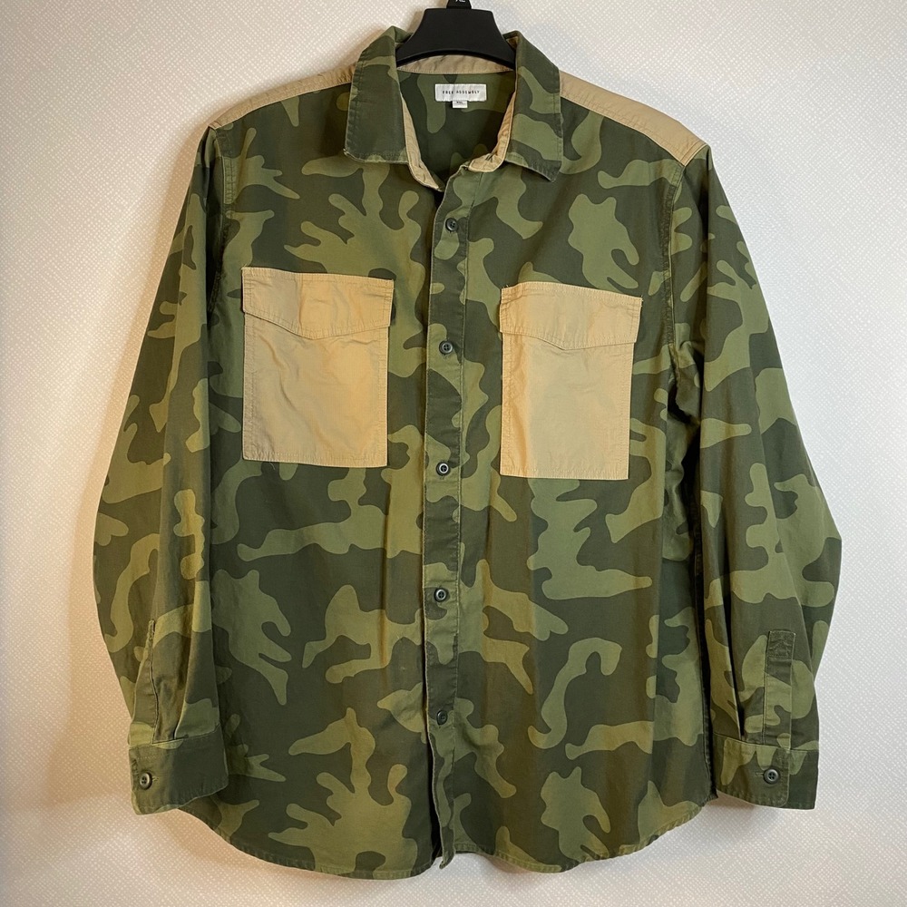 Free Assembly Utility Shirt Mens XXL Camo Green Ripstop Pockets Cotton Tactical